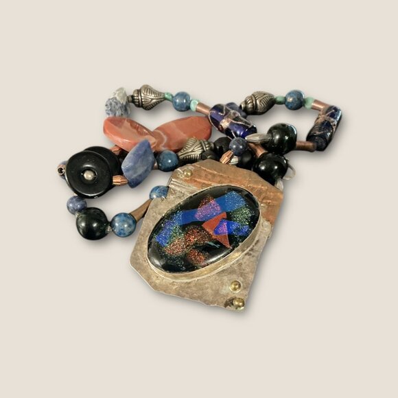 Handmade Sterling Mixed Media Beaded Necklace With Dichroic Glass & Stone Penda - Picture 3 of 9